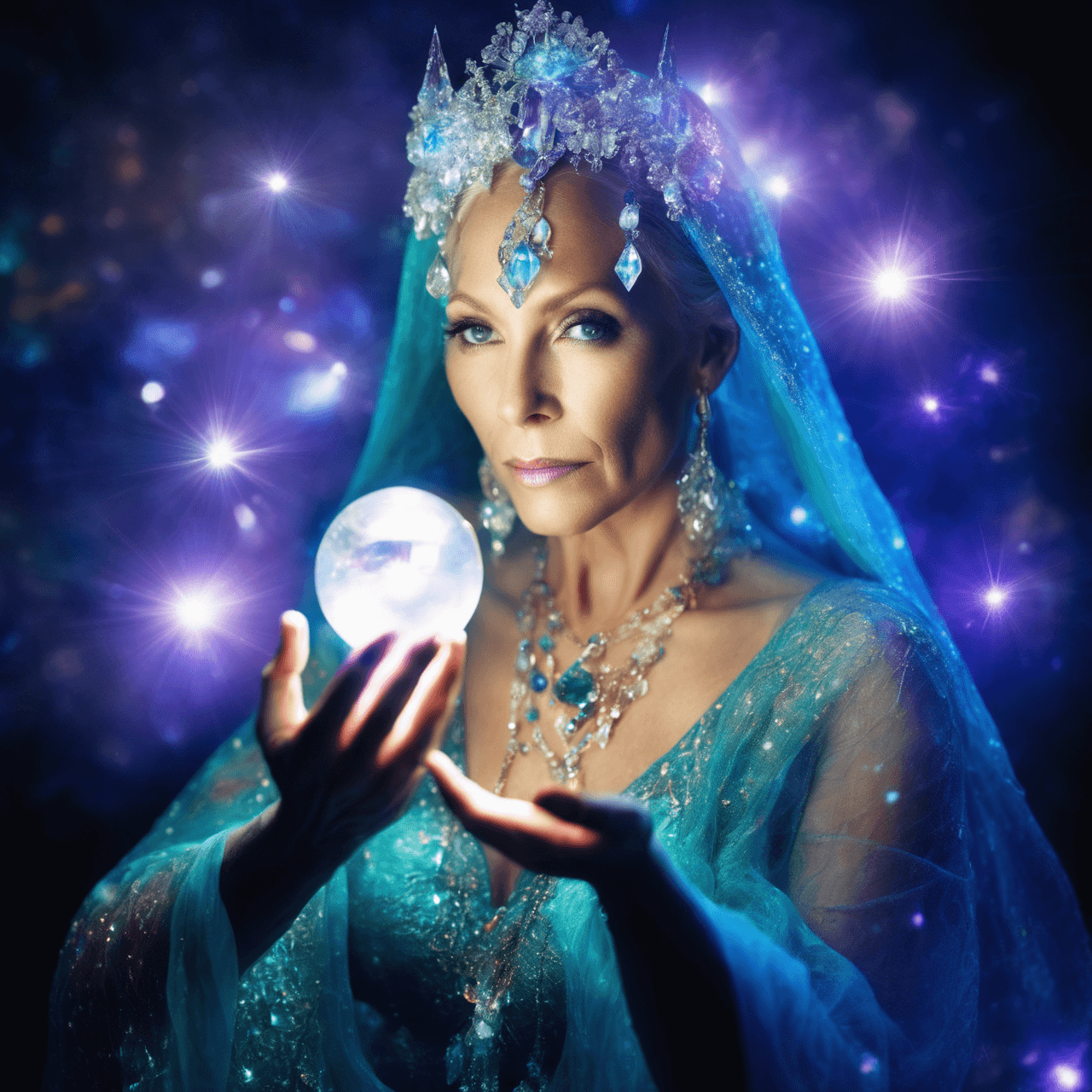 AI generated: A mystical 45-year-old sorceress, adorned with shimmering crystal jewelry, conjures swirling element...