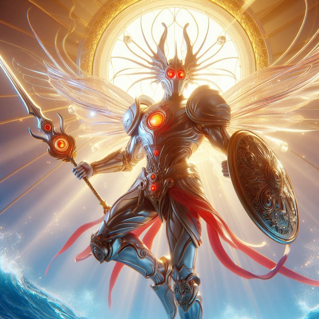 AI generated: Plankton is the mightiest god using his sword, red eye, heroic pose, divine and celestial light, mas...