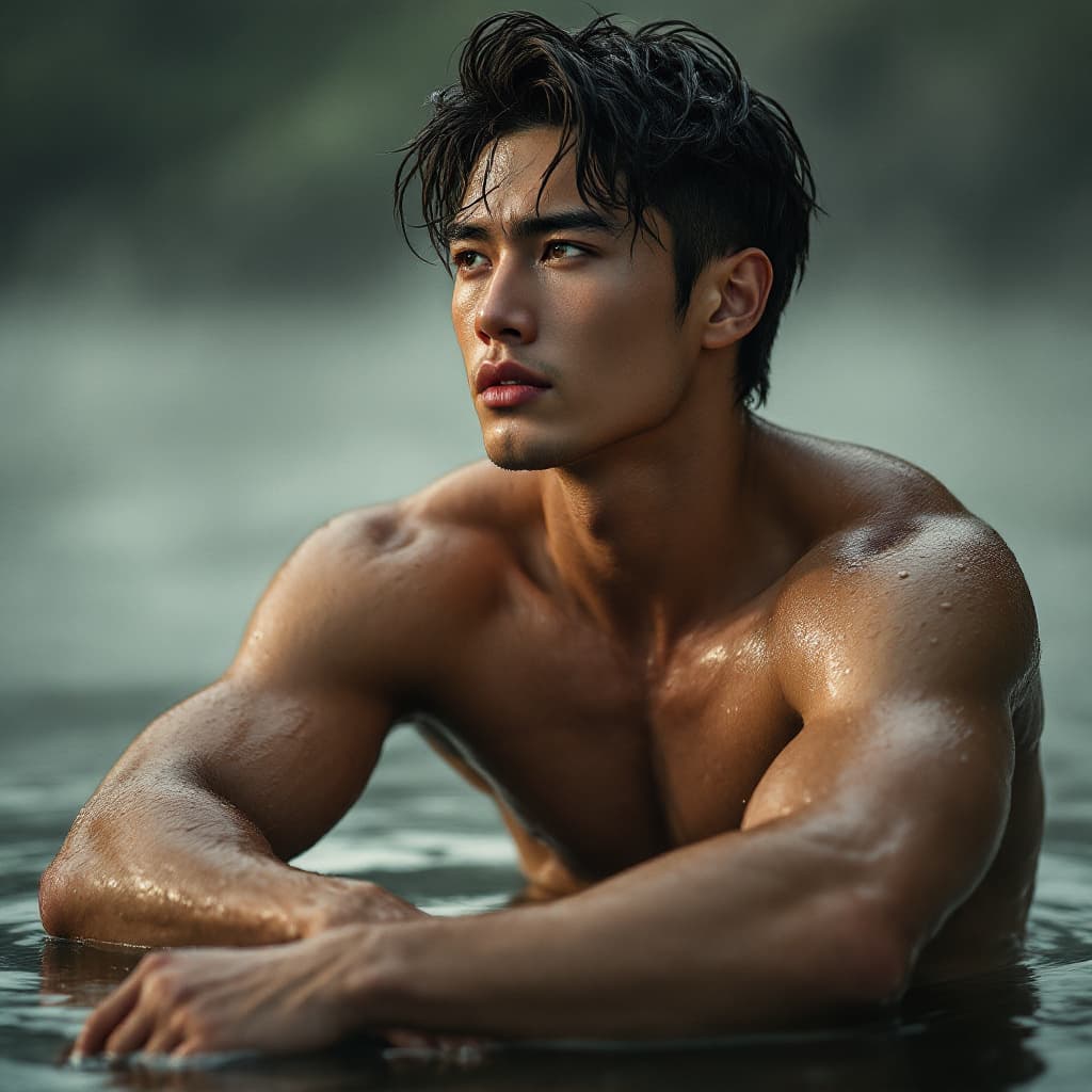AI generated: fashion editorial, a Asia young man,20 years old, looking ahead,big muscle, white skin,detailed eyes...
