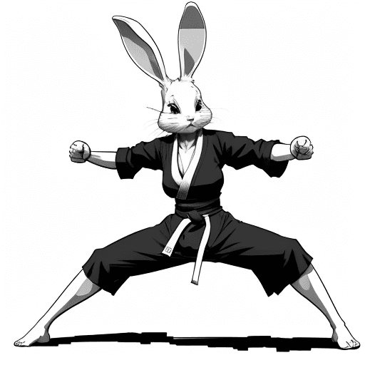 AI generated: sketch, no color, cartoon, line art, 2D, rabbit woman, rabbit legs, monk, martial arts