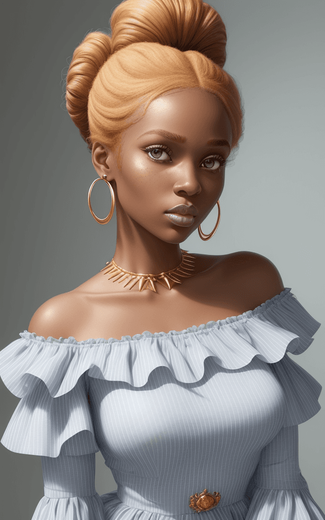 AI generated: A portrait of a young black woman with a voluminous updo hairstyle and a fine hairband. Her strawber...