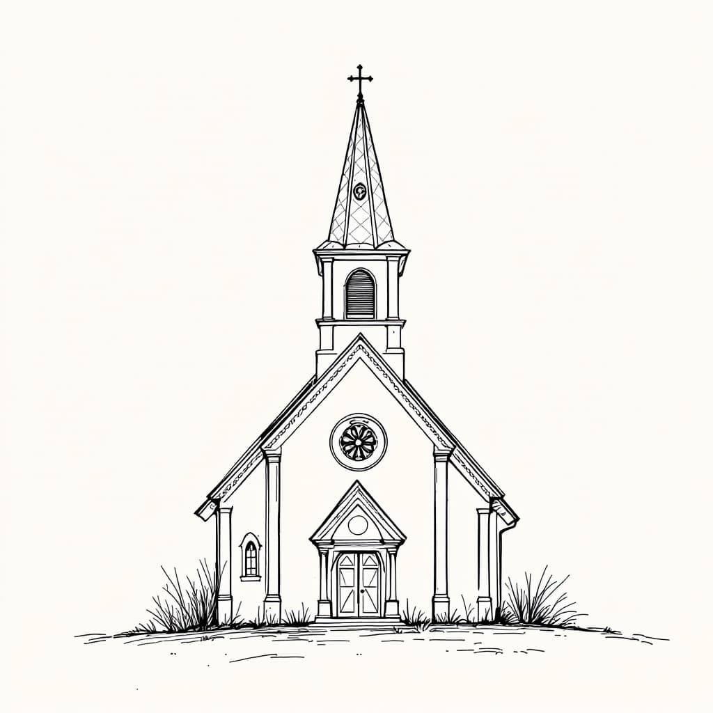 AI generated: Create a church in a pencil and ink line drawing with a soft minimalist style. The background will b...