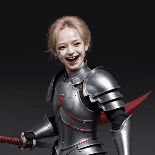AI generated: ant character wearing armor, holding a sword, red eyes with laughing mouth