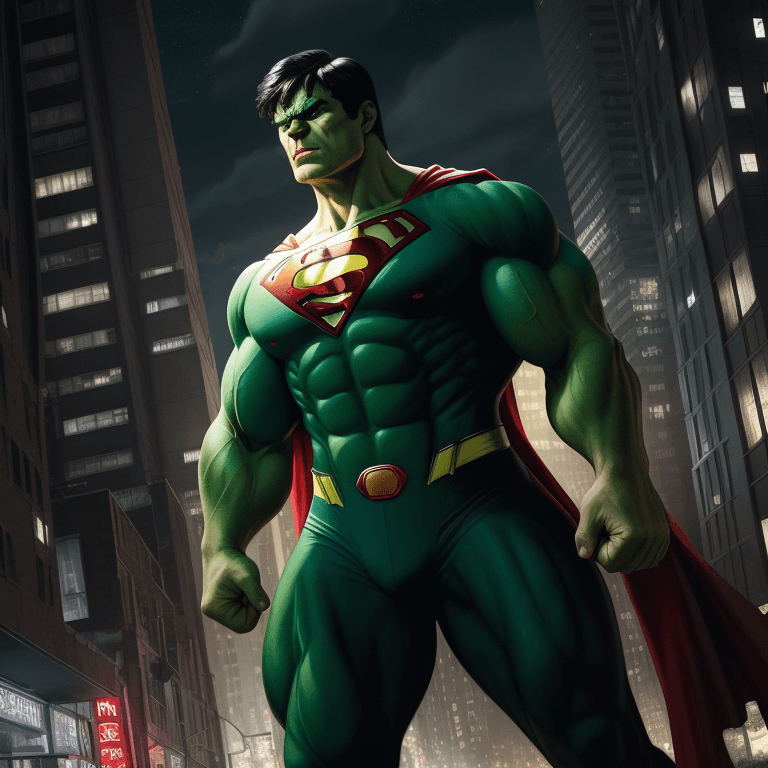 AI generated: hulk with full Superman costume, reddish eyes, urban avenue, modernist buildings from the year 1900,...