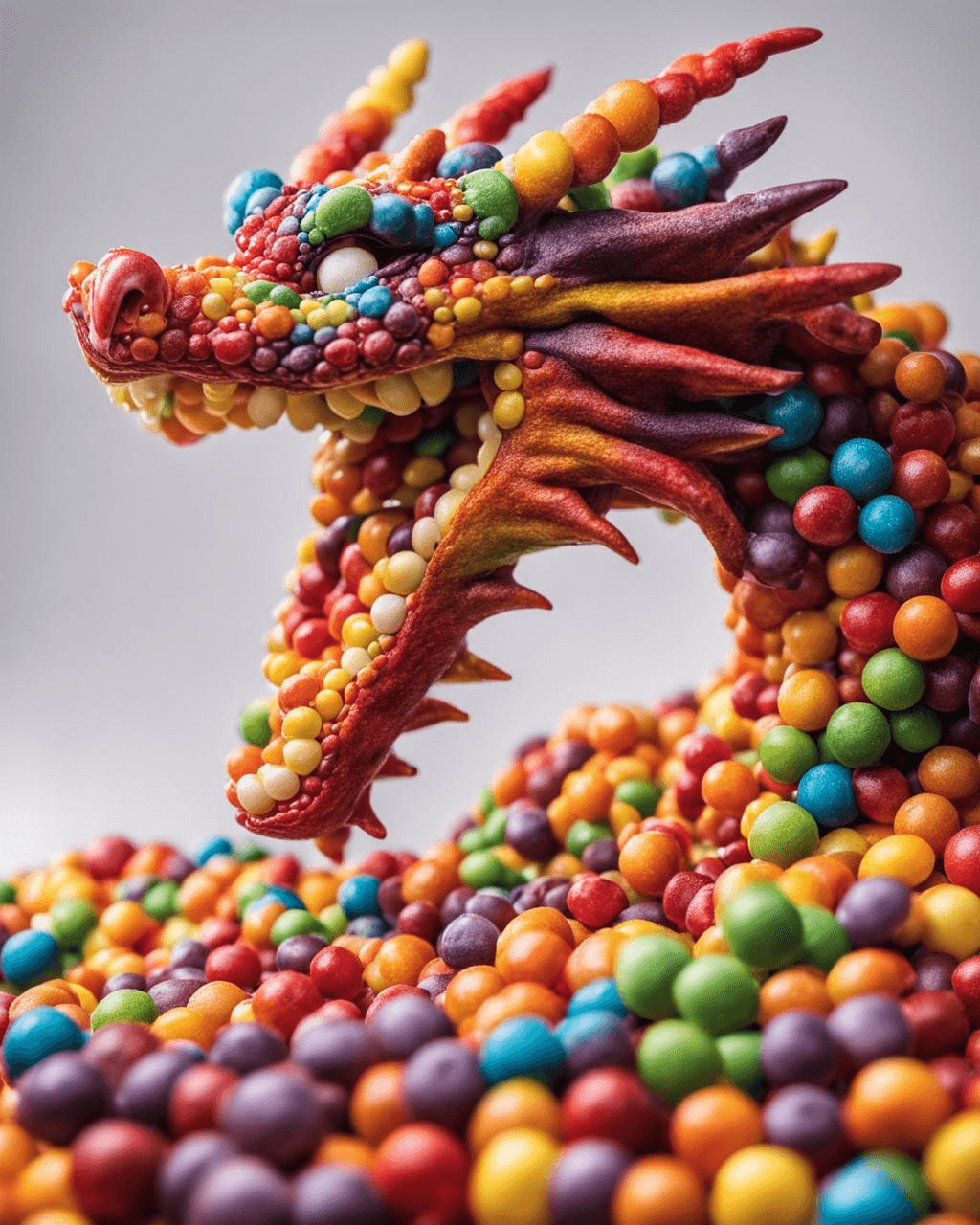AI generated: a dragon made of skittles, smiling, looking at viewer, studio photoshoot, white background, studio l...