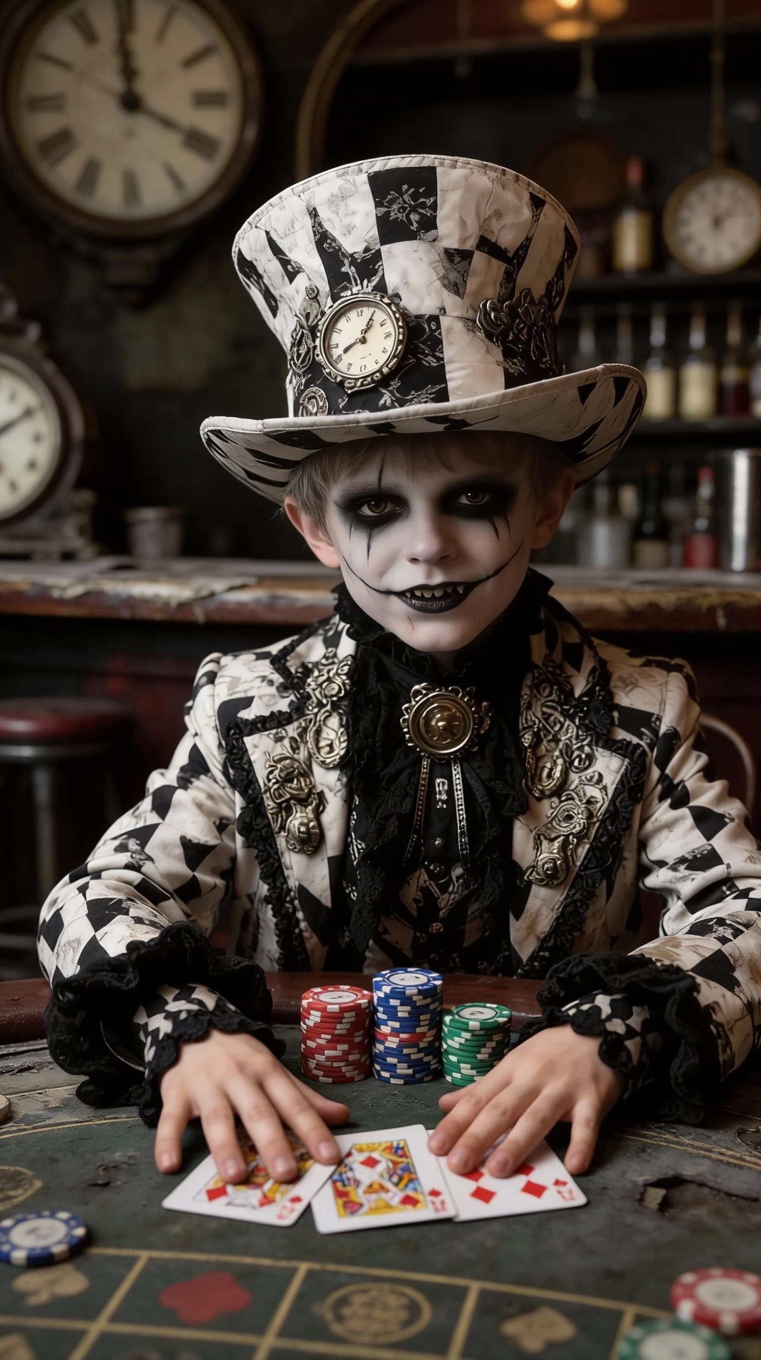 AI generated: I want this character, in the form of a 7-year-old boy, to have a malevolent face and be sitting on ...