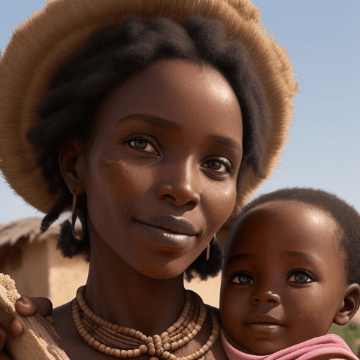 AI generated: Goddess close-up portrait African woman scavenging flour according to local tradition with her child...