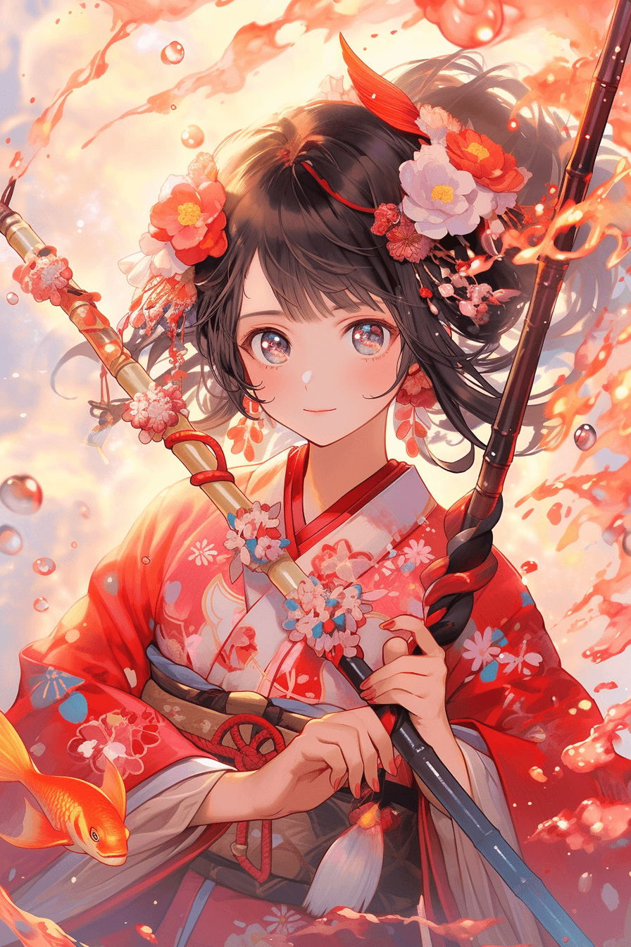 AI generated: An adorable anime character in a cute heart-shaped necklace, wearing vibrant traditional Japanese cl...