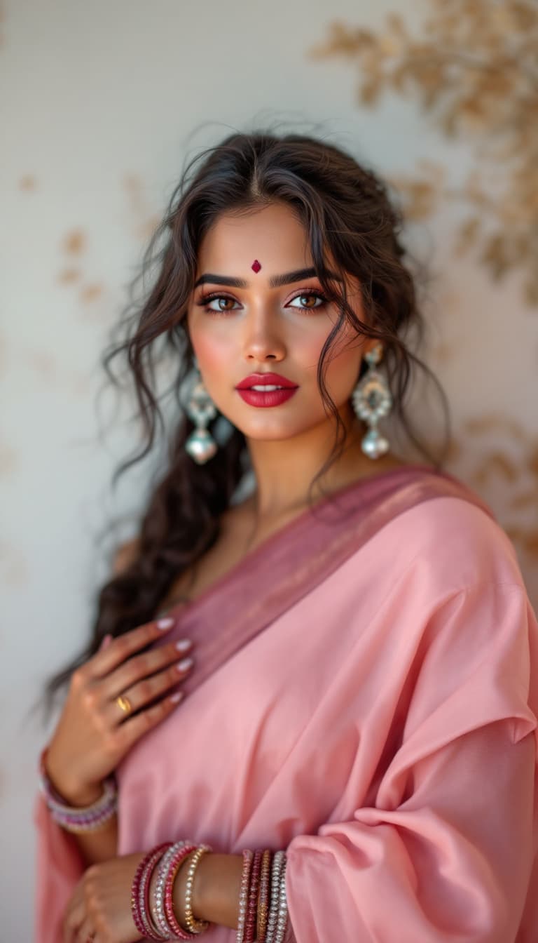 AI generated: Jennifer Connelly ,18-21 years old, Indian hair style, wearing a pink sharee full body, inhaled ches...