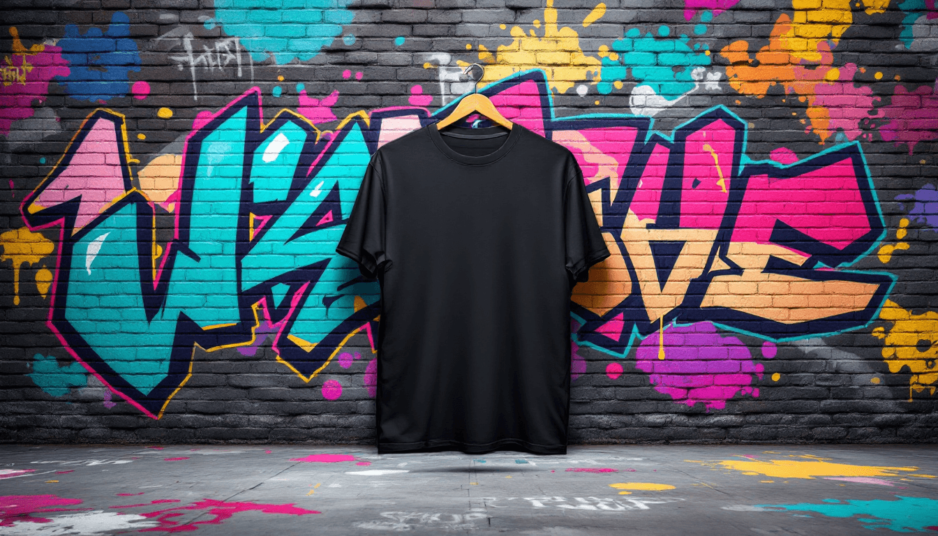 AI generated: A vibrant urban scene showcasing a realistic graffiti-inspired design. The centerpiece is a black T-...