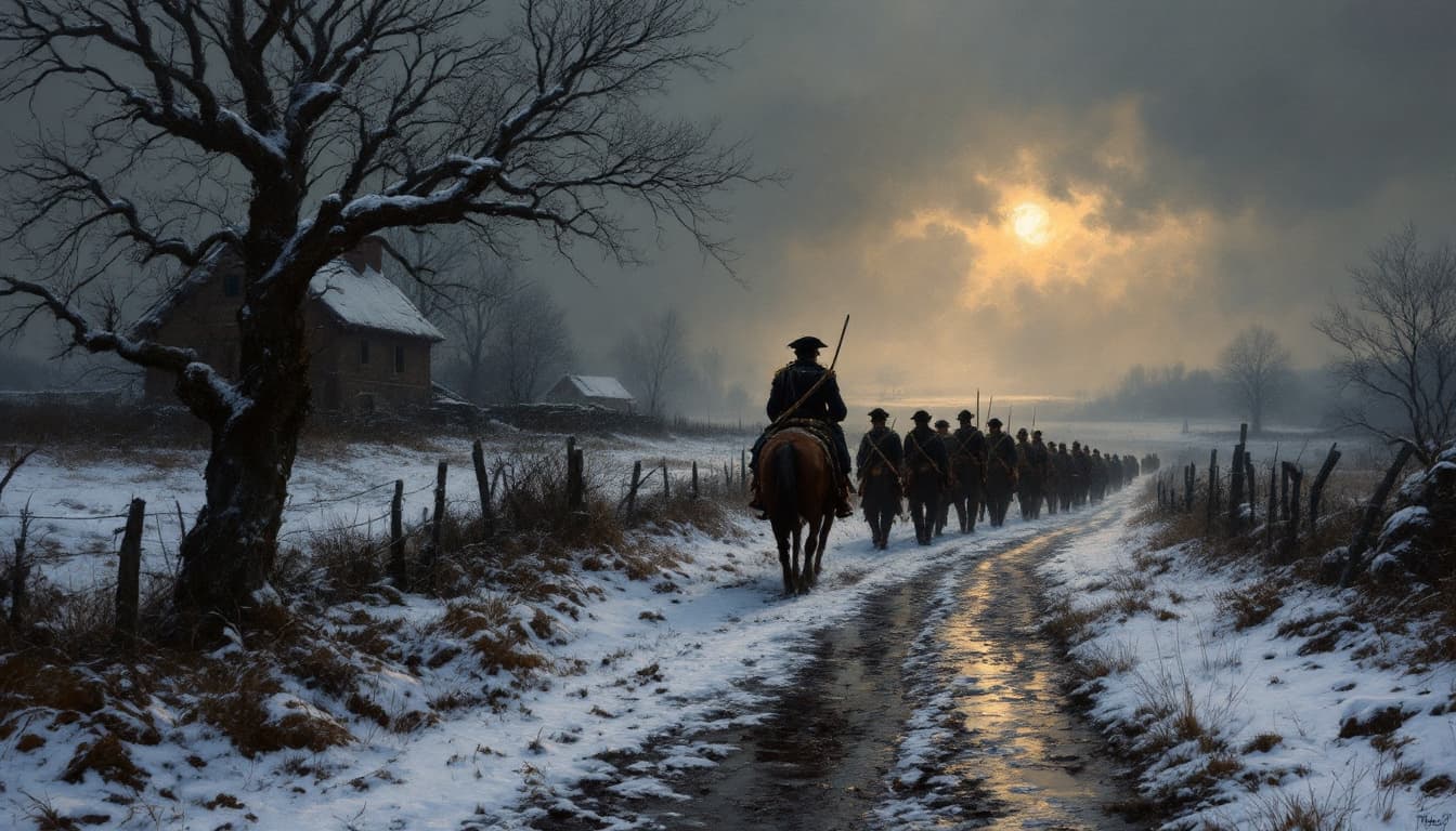 AI generated: rural winter scene, snow, (800 yards away) a mounted captain approaches the viewer leading a small g...