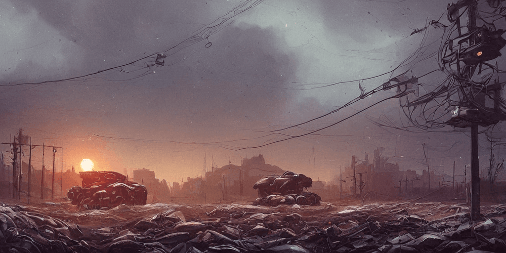 AI generated: a landscape by simon stalenhag of a very large realistic highly detailed imposing robotic mechanical...
