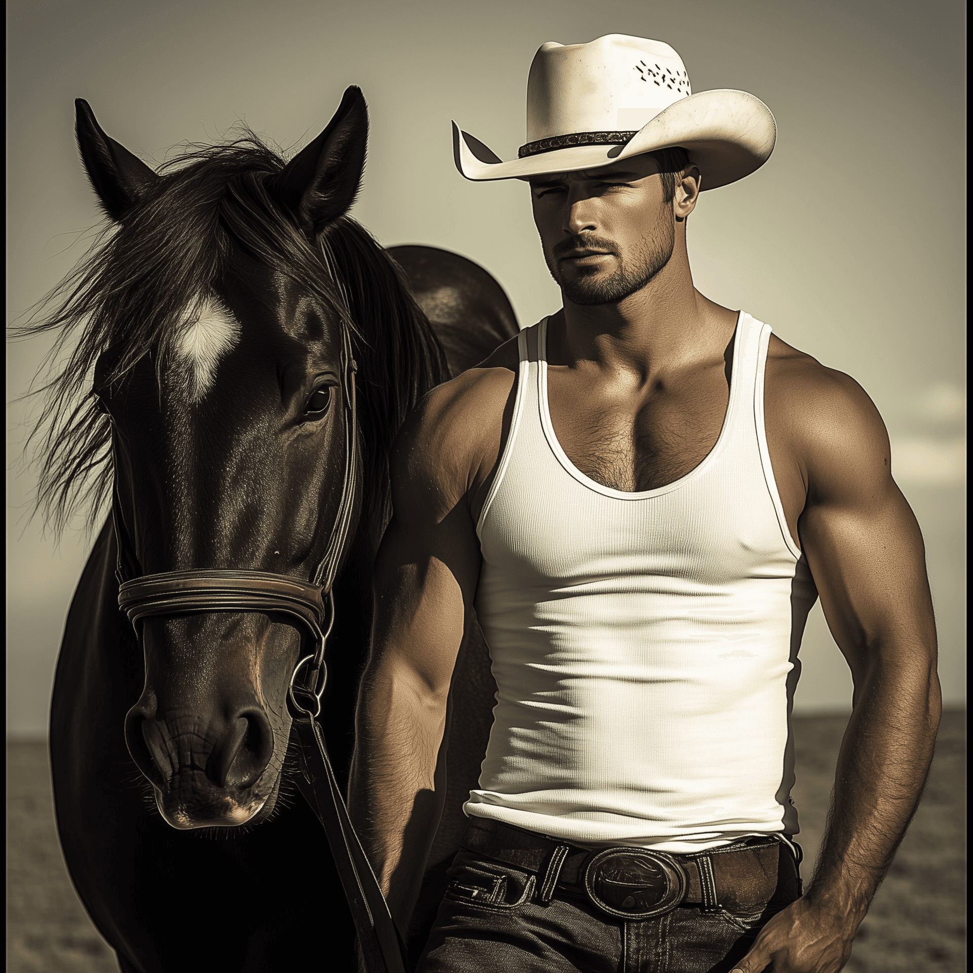 AI generated: Handsome, muscular man in a white tank top and cowboy hat standing next to a beautiful horse, a real...