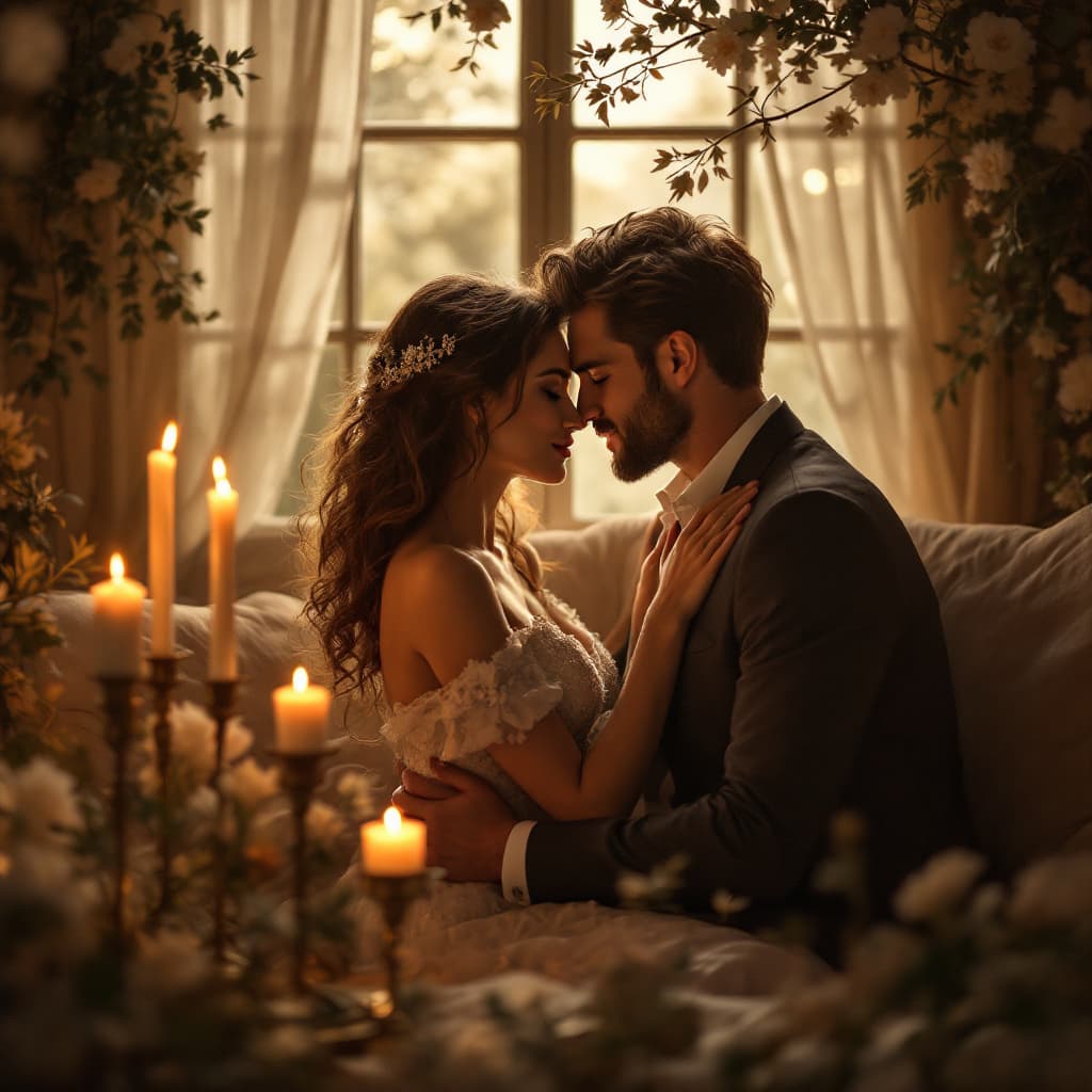 AI generated: A romantic couple in an intimate setting, soft candlelight, artistic style, photorealistic, warm ton...