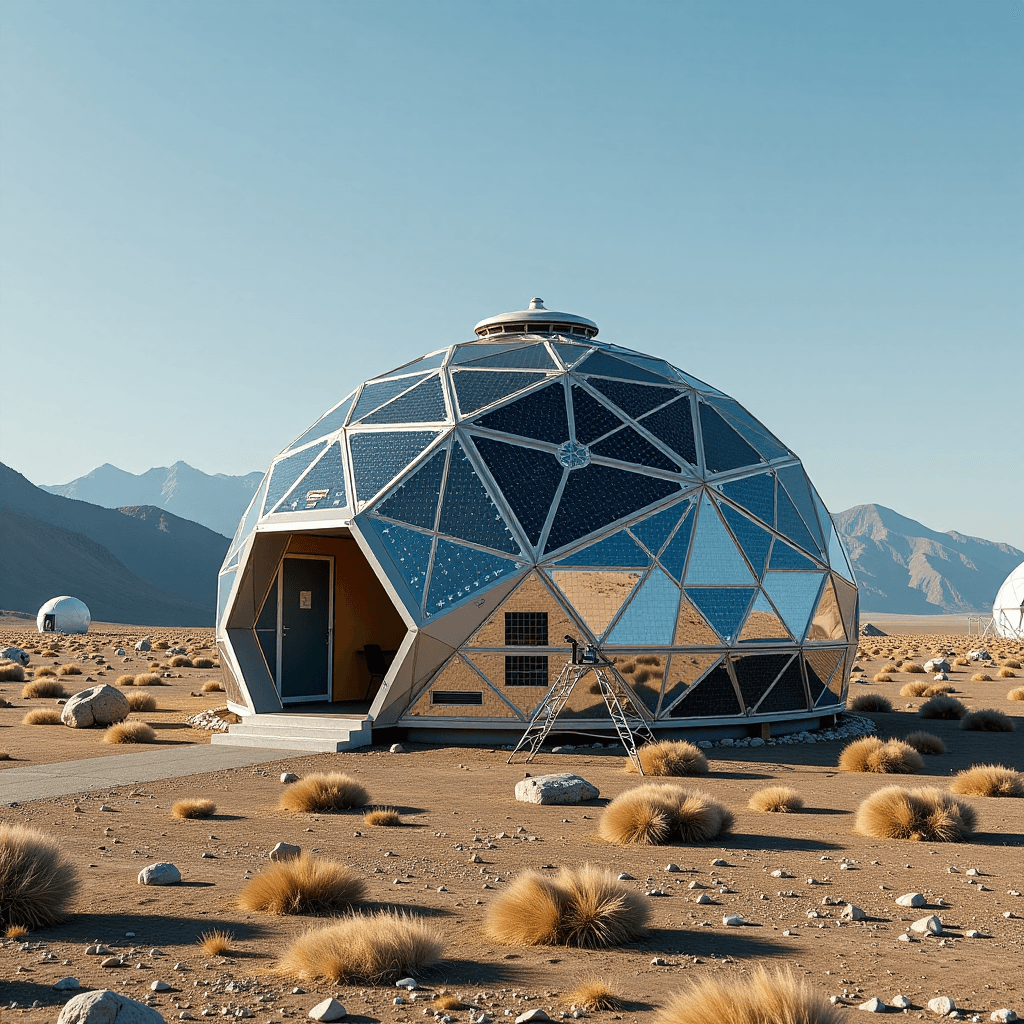 AI generated: A remote scientific outpost, a geodesic dome constructed from interlocking triangular panels of sola...