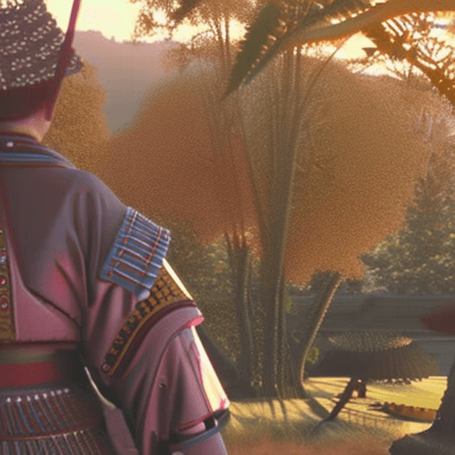 AI generated: Samurai stands at sunset in japan and looks into the distance, in dynamics, highly detailed, packed ...