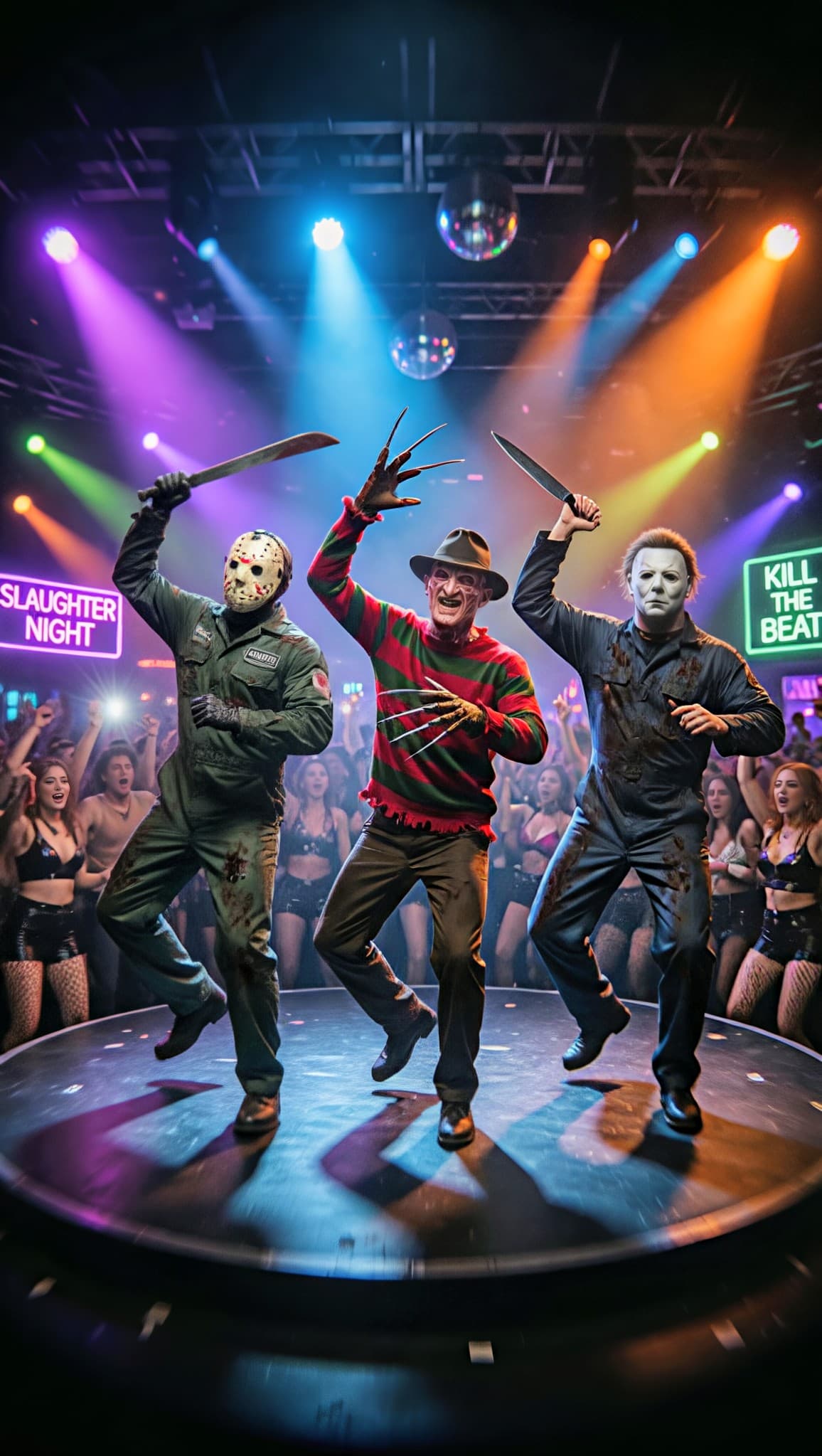 AI generated: "Three iconic horror movie slashers dancing energetically together on a vibrant nightclub stage: Jas...