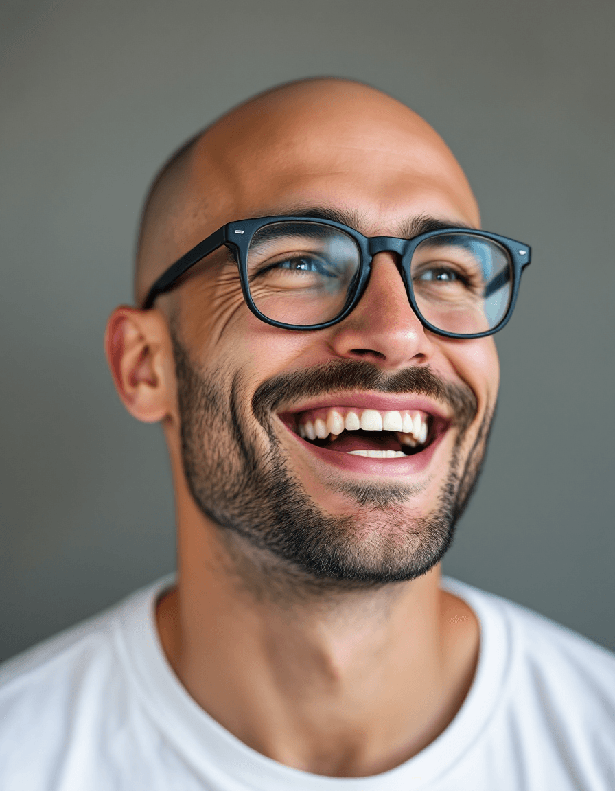 AI generated: Hyper-Realistic close-up photo, handsome Caucasian bald man, clean face, clean shaved face, rounded ...