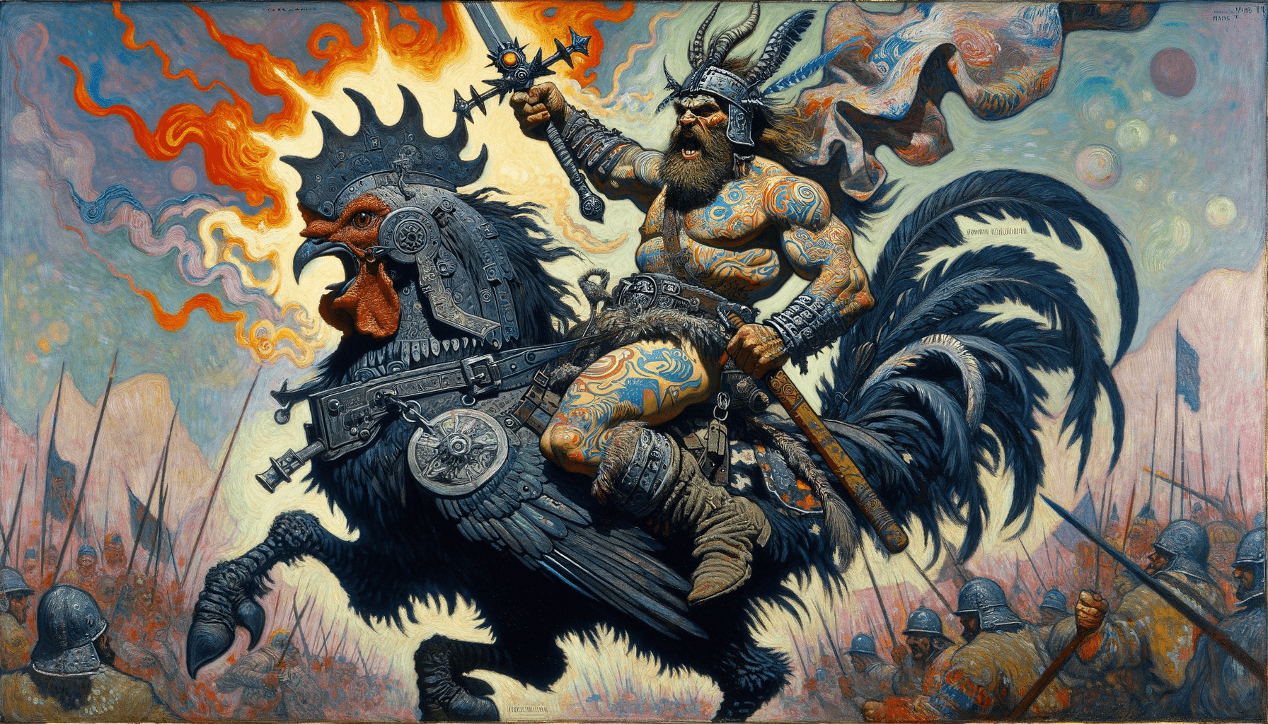 AI generated: a loin cloth attired barbarian covered in tattoos with a bright smoking magical star on his chest an...