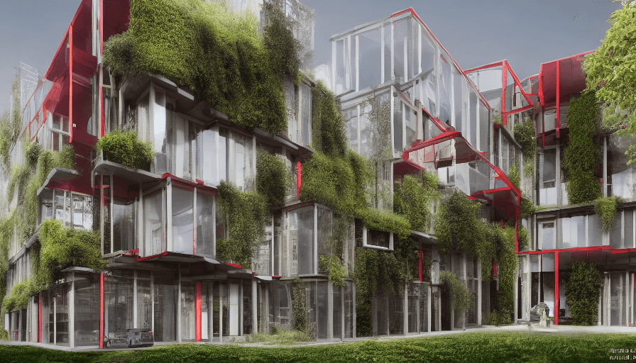 AI generated: < Realistic architectural rendering of a capsule multiple house within concrete car park without car...
