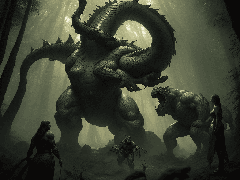 AI generated: conflict scenes between a snake dragon and a giant ogre in a mystical forest ,very inspired by H.R.G...