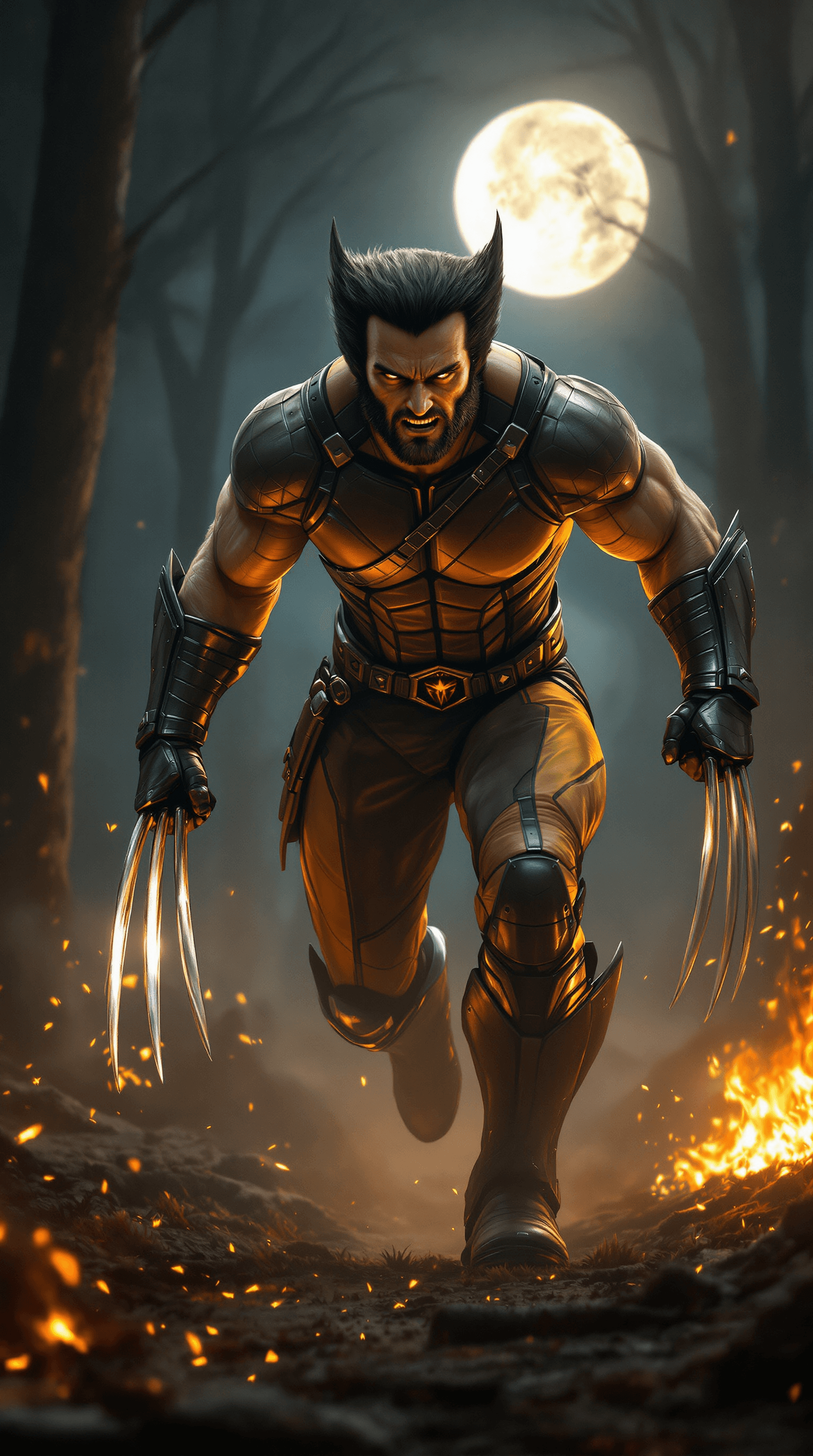 AI generated: A highly detailed, full-body portrait of Marvel’s Wolverine, mid-escape through a dark, misty forest...