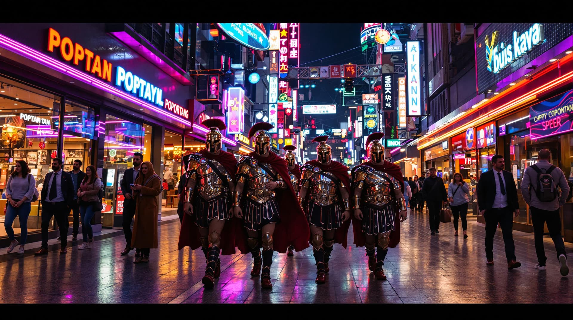 AI generated: 5 Roman soldiers walking through a modern, neon-lit shopping street, unnoticed by passers-by. Highly...