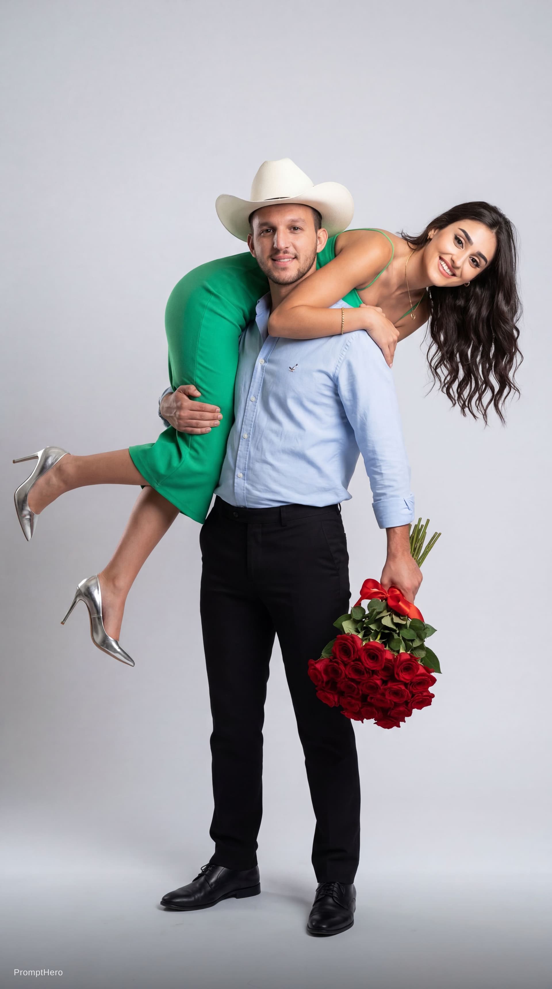 AI generated: Ultra realistic studio couple portrait, romantic fashion editorial photoshoot, minimalist studio bac...