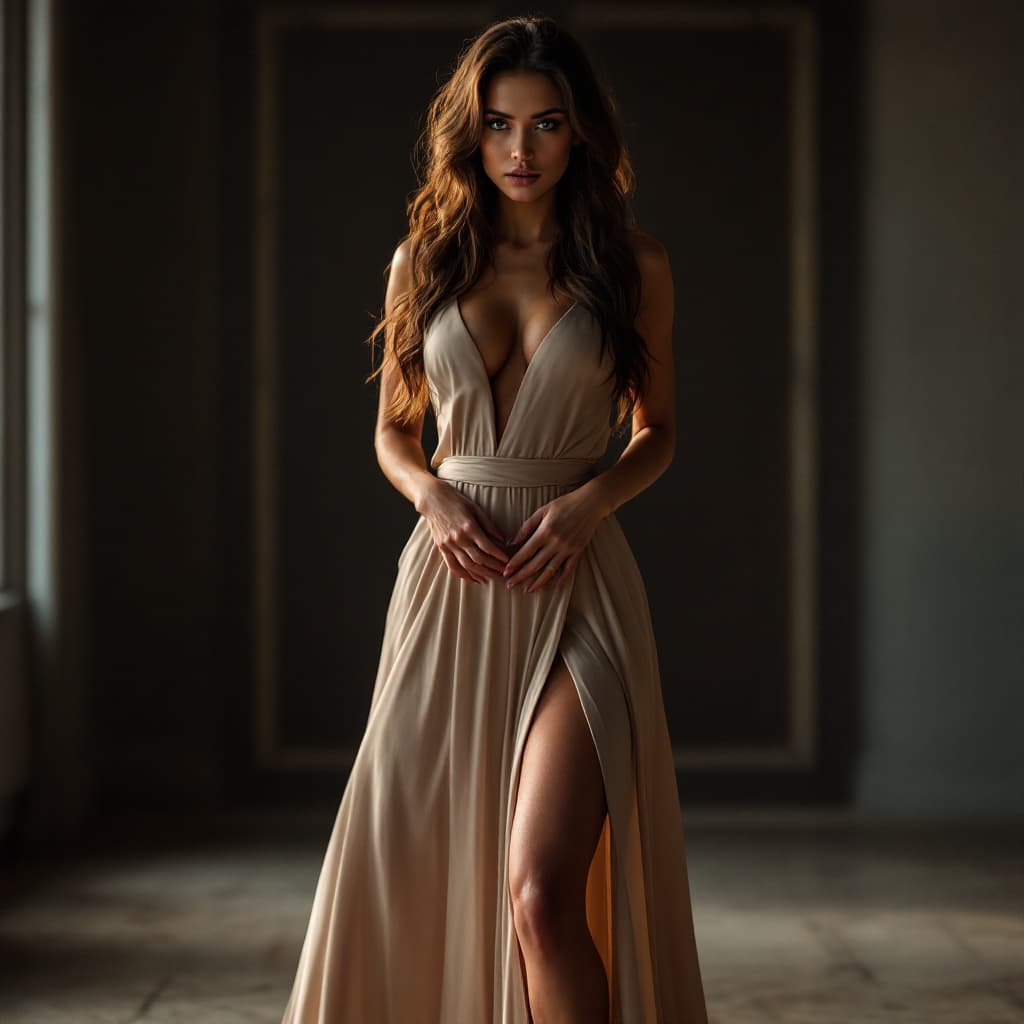 AI generated: "A woman stands confidently in the center of a room, her hands on her hips. The long, flowing dress ...