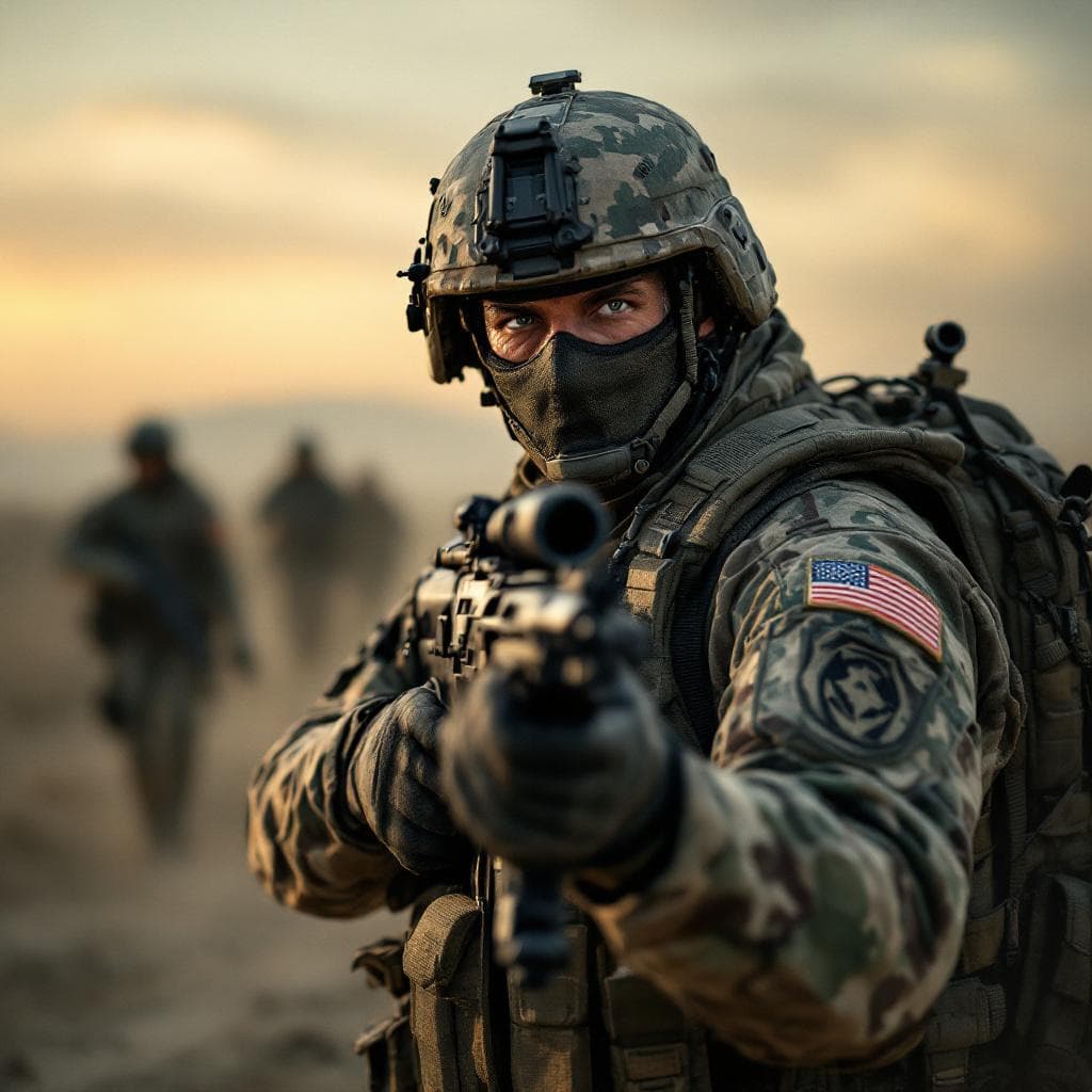 AI generated: An professional photography,front shot,black ops army ranger with a sterling SMG,cinematic war backg...
