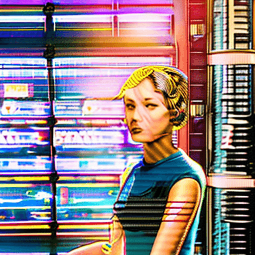 AI generated: portrait photo of a stylish beautiful girl in a future convenience store, asymmetric hair cut, cyber...
