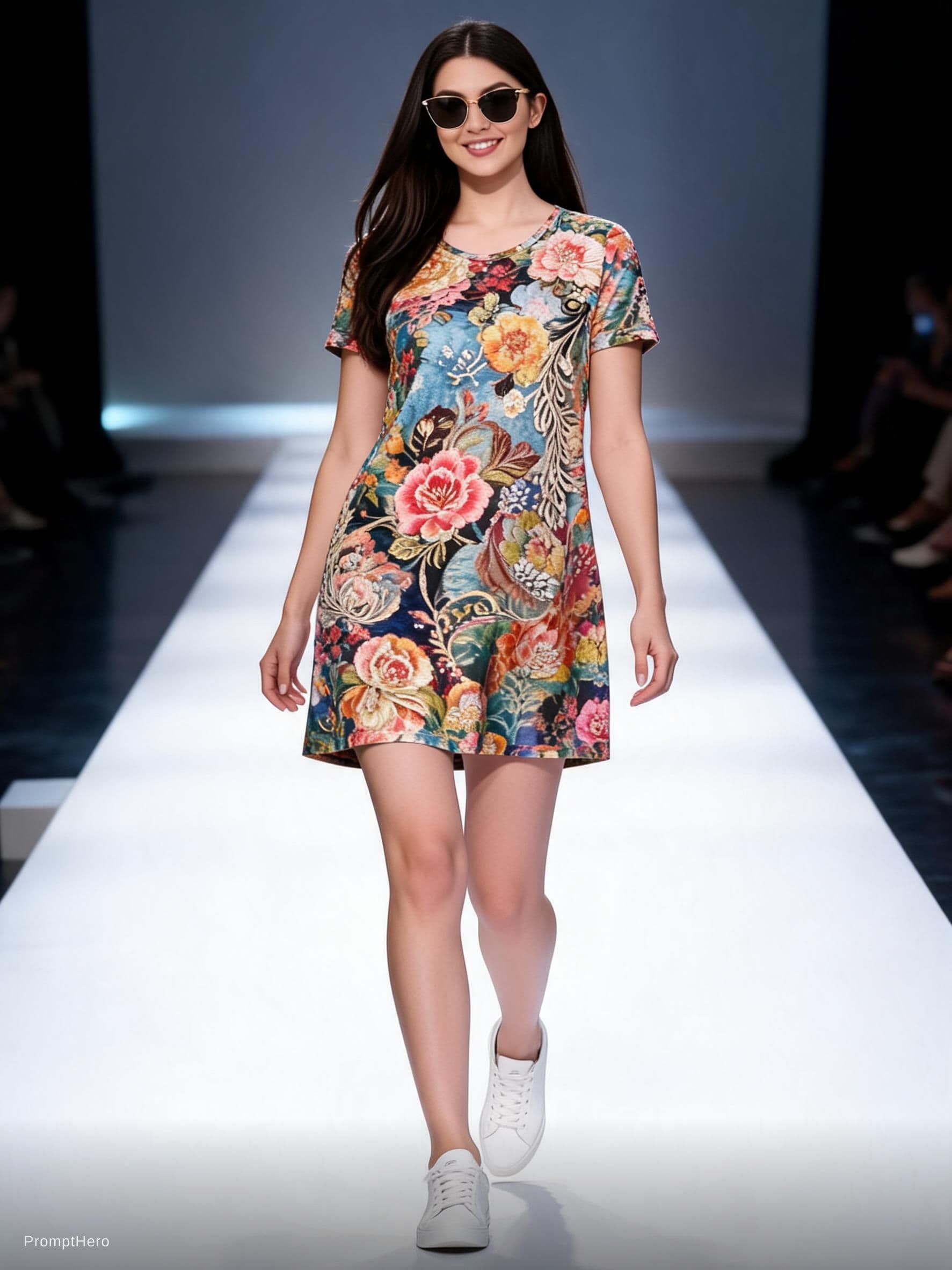 AI generated: Vogue Runway, full body portrait of an Asian female, wearing a colorful long top and large embroider...