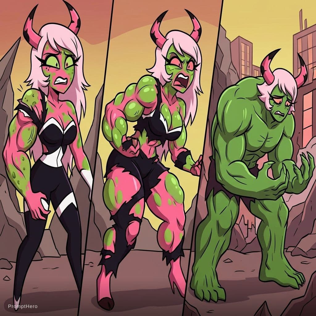 AI generated: helluva boss style : Now let's imagine verosika from helluva boss struggling to transform into the H...