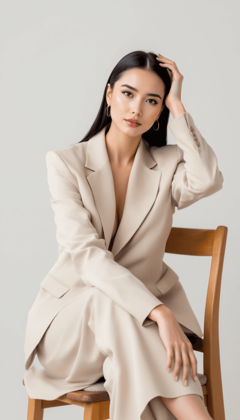 AI generated: A woman with sleek back hair, wearing a light beige suit, is seated on a wooden chair. Her left leg ...
