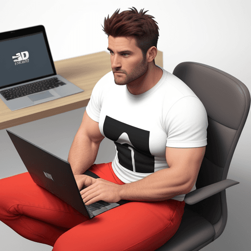 AI generated: A 39 year old hunk man is sitting on a chair and looking at a laptop, 3D Facebbok logo and mobile be...