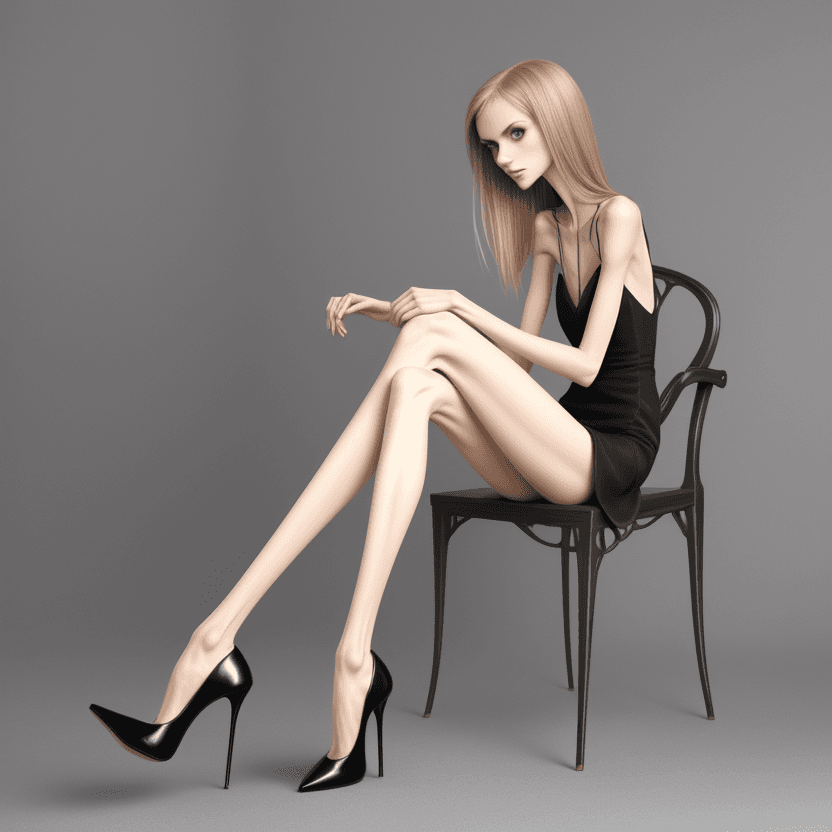 AI generated: very skinny anorexic legs  in high heels, high heels, sitting, the tips of the shoes are very long t...