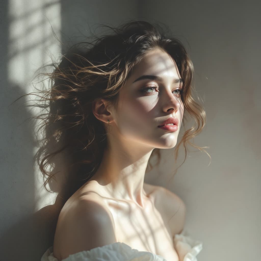 AI generated:  Create an image of that describe the female dignity, in the light piercing the dense shadow