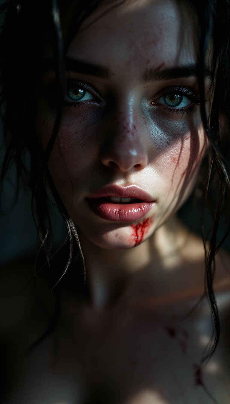 AI generated: high-resolution photograph, woman, ugly scar in the face, exposed body,  stunning use of shadows, in...