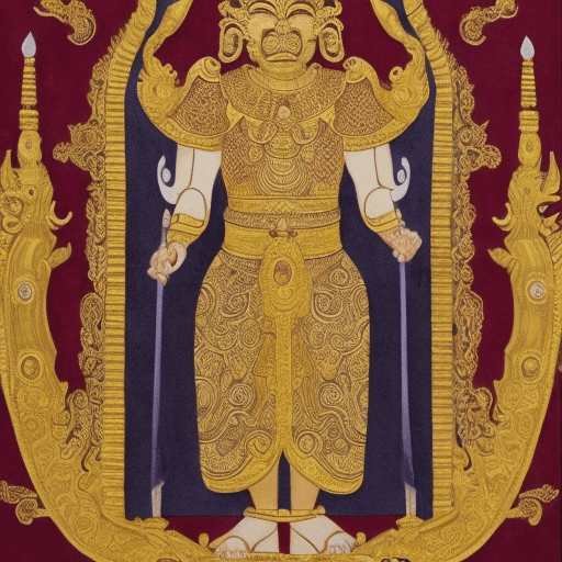 AI generated: Majapahit empire, emperor, buddhist crown, gold outfit, Long robe 