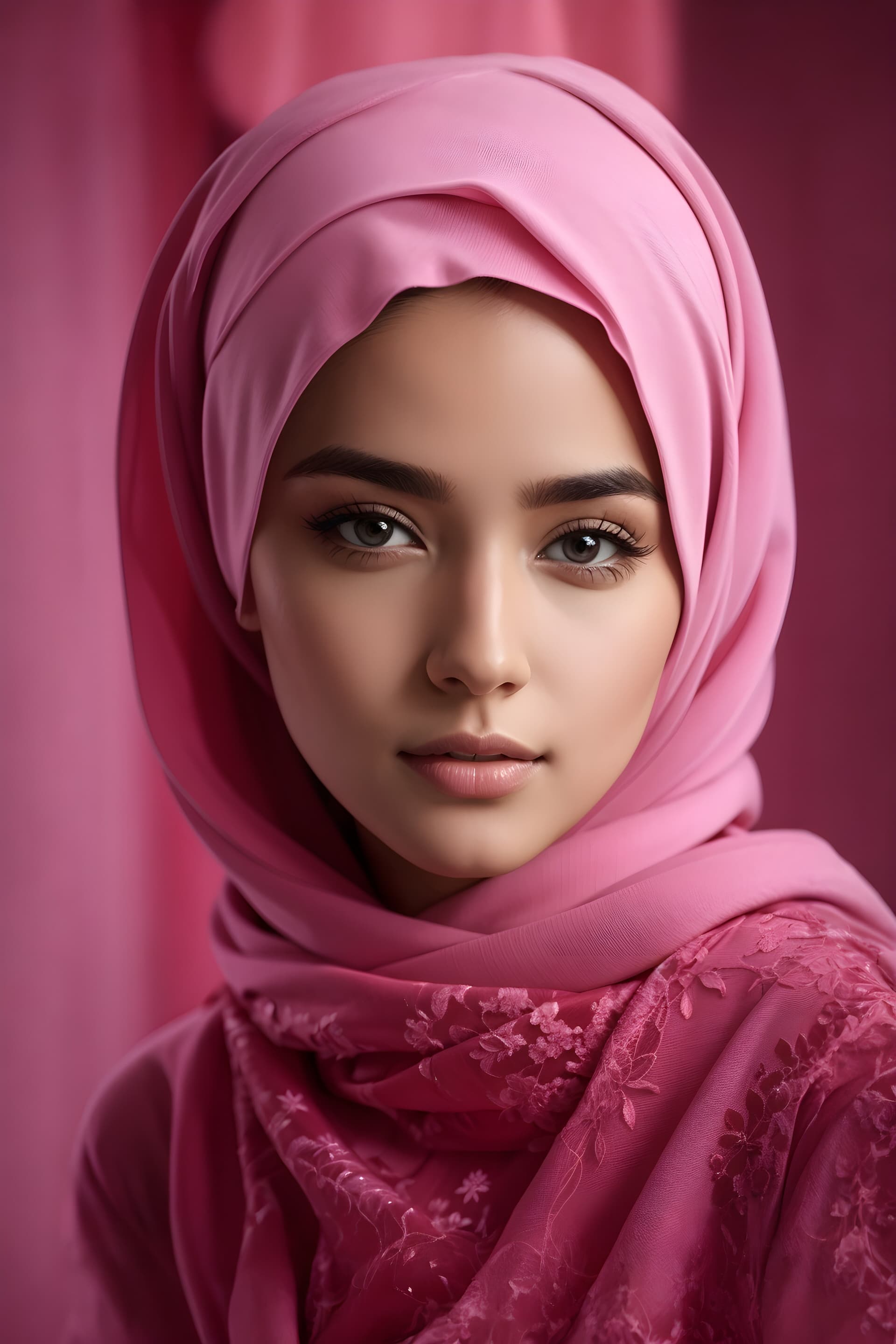 AI generated: Create a realistic style portrait of a gorgeous Turkish muslim women wearing pink color hijab , gorg...