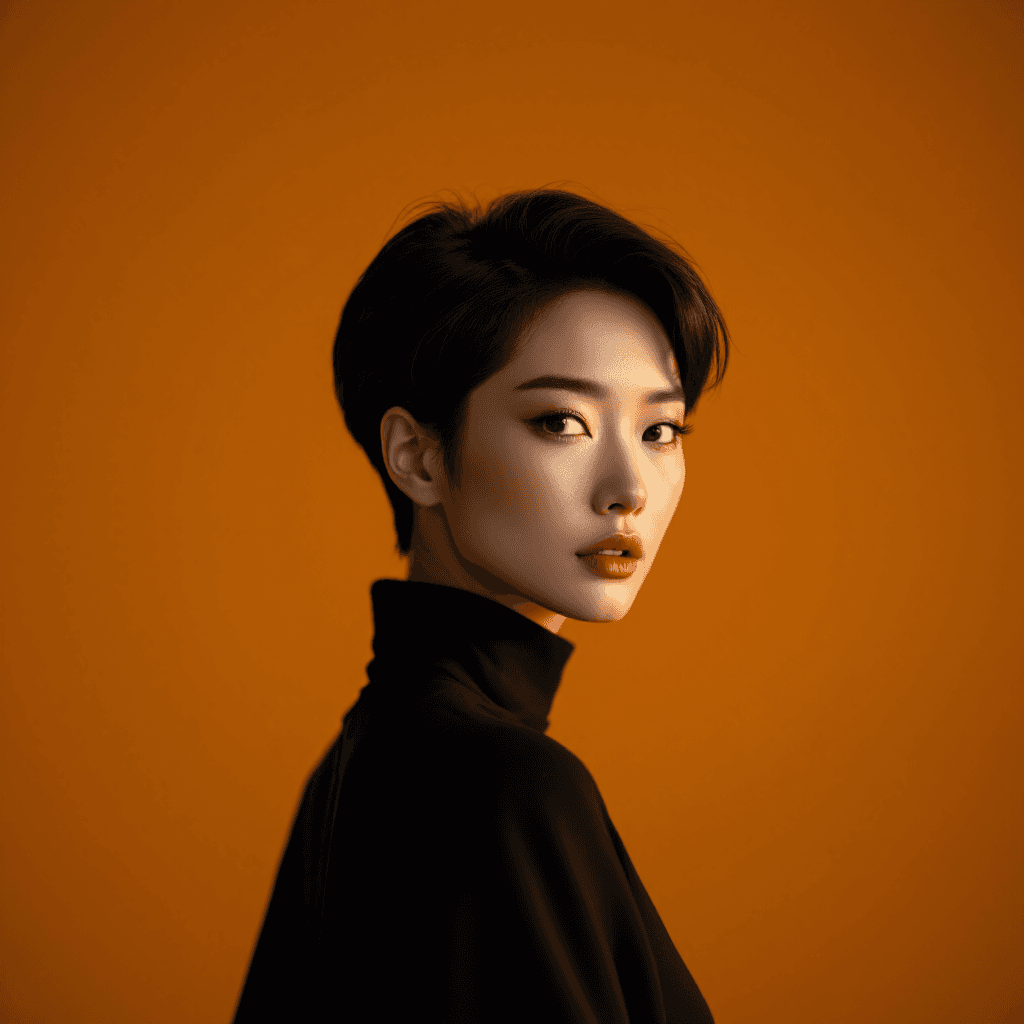 AI generated: High-fashion portrait of a middle-aged Chinese woman with short hair swept back, structured volume a...