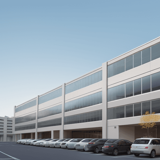 AI generated: Three-story corporate building, modern minimalist architecture, with "Urbi" written on the facade in...