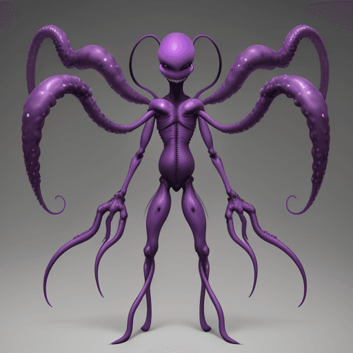 AI generated: Alien male with purple skin, antennas, four arms, humanoid form, four legs, tentacle, standing tall,...