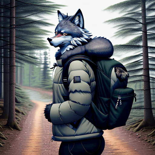 AI generated: furry, fursona, anthro, wolf male, anthropomorphic, clothed, puffy jacket, backpack, (subject on the...