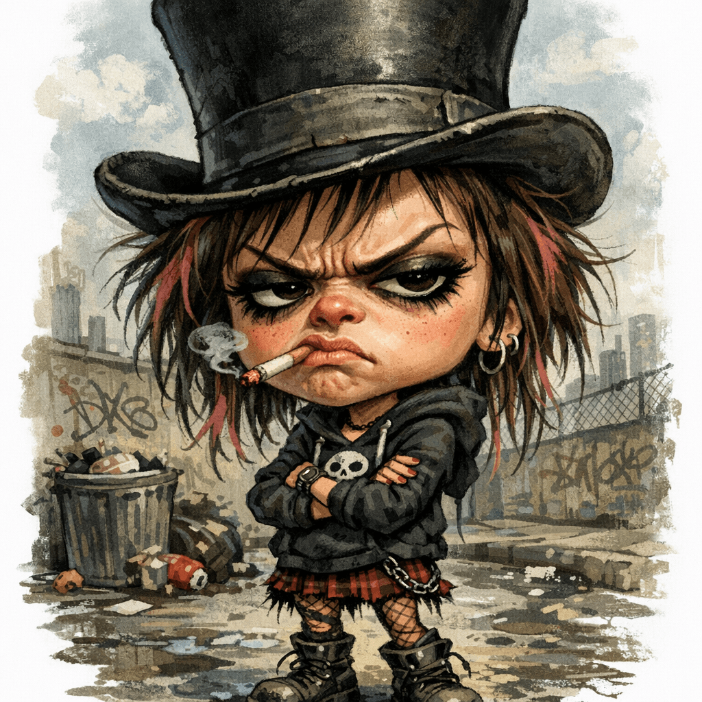 AI generated: funny caricature, grumpy urban girl,17 years old, scruffy, streetwise, top hat annoyed, girl with an...
