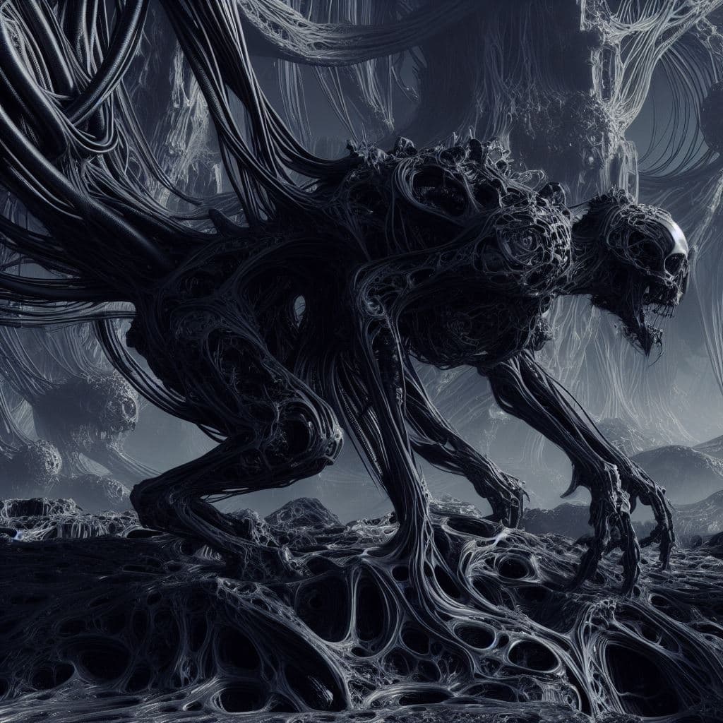 AI generated: The scene takes place in a dark, biomechanical nightmare world where organic and technological eleme...