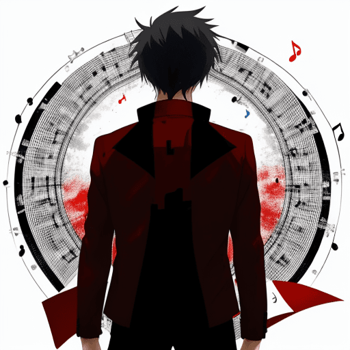 AI generated: a lonely man who dedicates his life to music and anime. theme of red, white, and black.