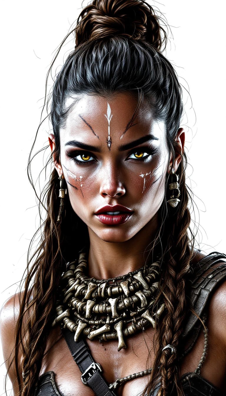 AI generated: A meticulously detailed drawing of an Amazonian warrior woman with a high, braided ponytail, wearing...