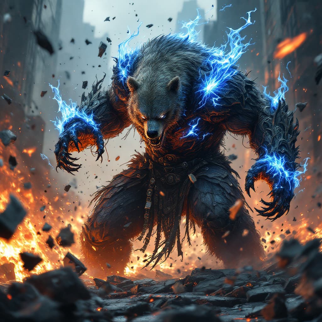 AI generated: realistic style, bear fighting in war, furious, character design, body is adorned with glowing blue ...