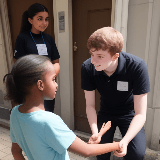 AI generated: Young charity worker helping people around him